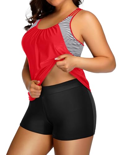 Image of Womens Plus Size Tankini Swimsuit Two Piece Tummy Control Bathing Suit | Blouson Racerback Tankini Top with Shorts, Double Up Design, Removable Pad