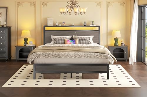 Image of Fluest Full Bed Frame with Headboard & Footboard, Full Bed Frame with Built-in Charging Station & LED Light, Storage Shelf, Noise-Free, No Box Spring Needed, Easy Assembly, Rustic Grey