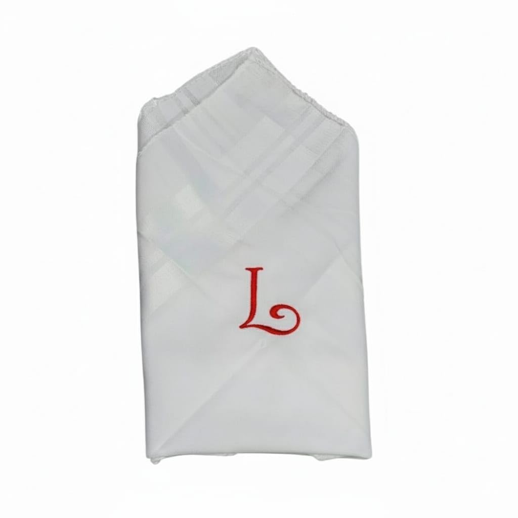 SAE FASHIONS White Cotton Handkerchief with RED Monogram Letter L, Embroidered Design (L)-image-27