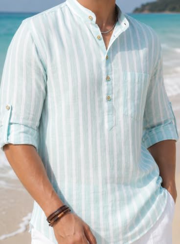 Image of Majestic Man Men's Pure Cotton Striped Mandarin Collar Regular Fit Roll-Up Sleeves Short Kurta