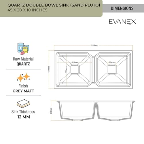 Image of EVANEX Quartz Kitchen Sink|Double Bowl Sink for Kitchen|Topmount /Undermount Kitchen Sinks|Sand Pluto Double Sink with Connector, Waste Pipe, Coupling and Drain Basket|45x20x9 Granite Kitchen Sinks