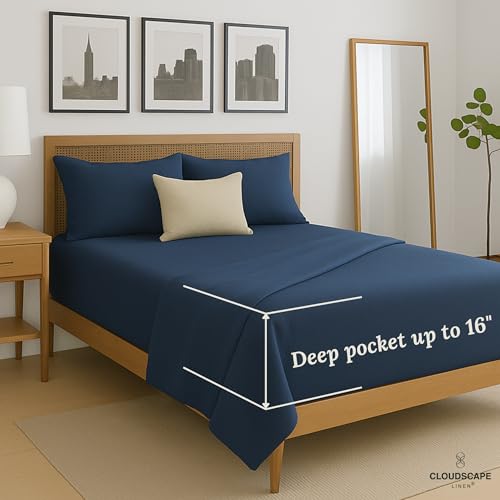 Cloud Scape Linen 100% Egyptian Cotton 4 Pcs California King Sheet Set, 1000 Thread Count,Hotel Quality, Silky Soft, Breathable, Durable, Deep Pockets up to 17, Dark Denim