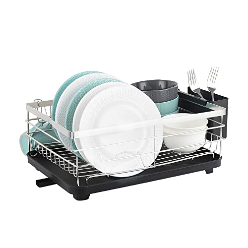 Nandae Escurridor de platos de acero inoxidable con soporte para utensilios, bandeja extraíble para encimera de cocina, astilla