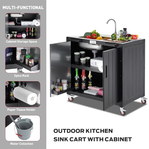 image for FEASTO Freestanding Grill Cart with Sink and Cabinet, Movable Outdoor 