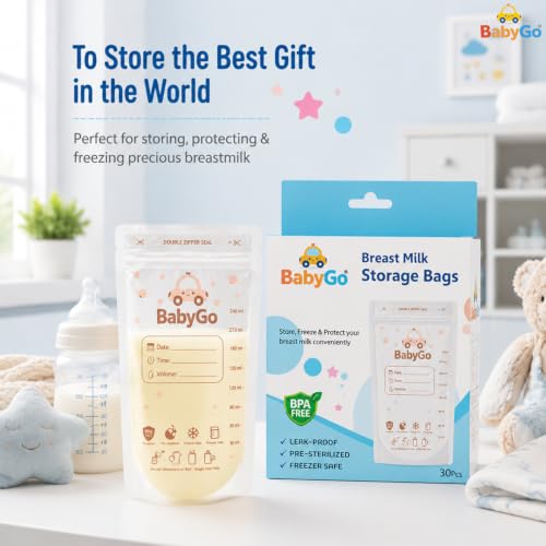 Image of BabyGo Breast Milk Storage Bags Pack of 30 | Leak Proof Zip Lock Bags 200ml