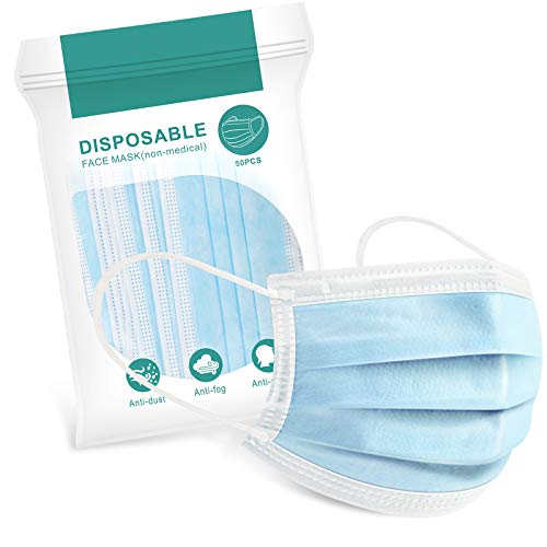 Disposable Face Masks NESENNI Mouth Guards with Elastic Earloops Breathable 3 Layer Non-Woven Mouth Masks Anti-Dust Protective Cover Disposable Masks for Indoor, Outdoor(50pcs, Blue)