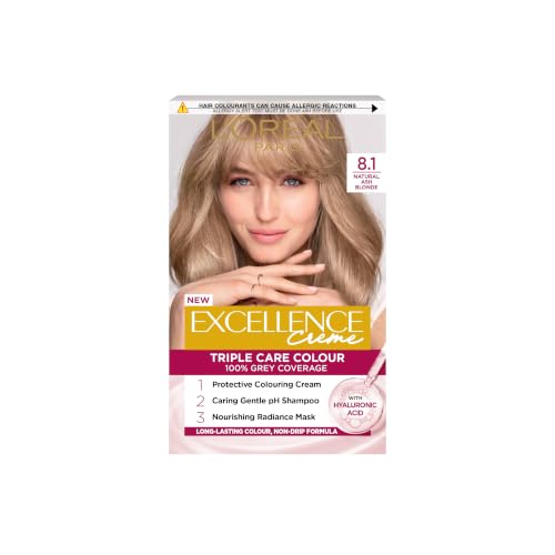LOréal Paris Excellence Crème Permanent Hair Dye Radiant At-Home Hair Colour with up to 100% Grey Coverage Pro-Keratin Up to 8 Weeks of Colour Colour: 8.1 Natural Ash Blonde