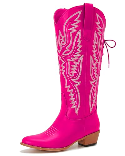 Image of Uillnoodu Wide Calf Cowboy Boots Women Adjustable Lace Up Knee High Tall Plus Size Cowgirl Boots Western Style Comfortable 2-Inch Heel