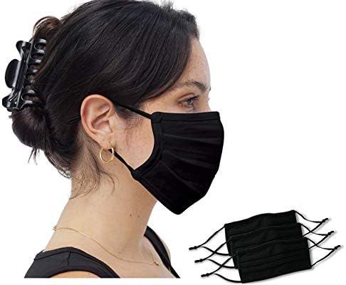Simlu 3 Pack Unisex Reusable Pleated Fabric Face Mask with Adjustable Elastic, 2 Layer, Washable, Nose Wire Black Face Mask for Men Women and Kids