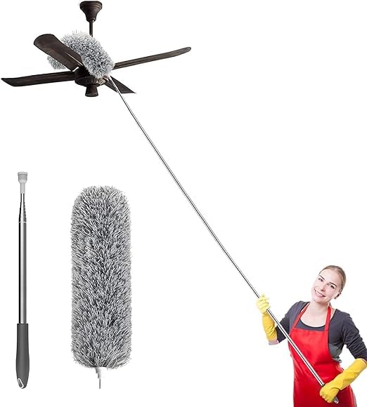 SD Enriching Beauty Microfiber Feather Duster Bendable & Extendable Fan Cleaning Duster with 100 inches Expandable Pole Handle Washable Duster for High Ceiling Fans, Window Blinds, Furniture (Grey)