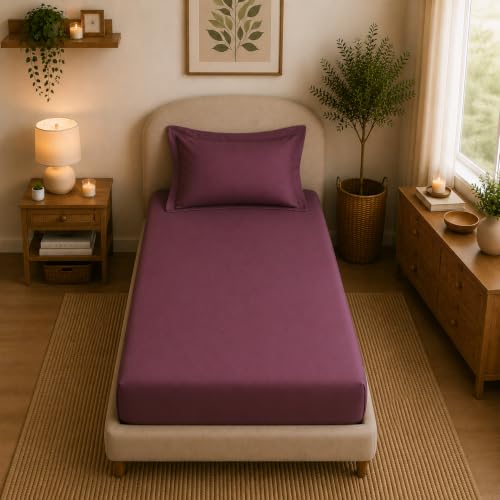 Image of Linen Home Cotton Percale Fitted Bedsheet Set Single Size Damson Berry