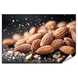 islandburner XXL Bild Poster Mandeln mit Salz bestreut auf dunklem Hintergrund für Küche Feinschmecker Delikatessengeschäft Premium Bilder Fotodruck