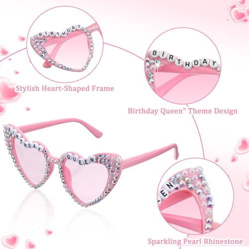 Grevosea 7 Pack Heart Sunglasses, Pink Heart Birthday Squad Glasses with Diamond Rhinestone Shaped SunGlasses Letter Birthday Queen Glasses Party Favors for Women3