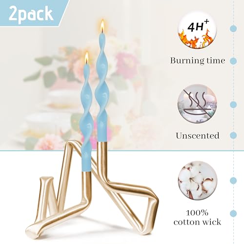 Image of Smokeless Blue Spiral Taper Candle Handmade Unscented Candlesticks 10 Inch Long Twisted Candles for Candlelight Dinner Holidays Home Decor 2 Pcs