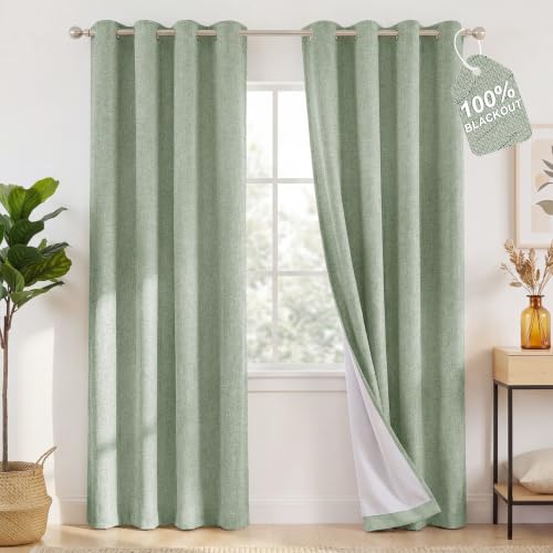 Image of NICETOWN Sage Green 100% Blackout Linen Curtains 84 inches Long 2 Panels, White Liner Composite Grommet Thermal Drapes Home Decor Window Treatments for Bedroom /Living Room, W52 x L84