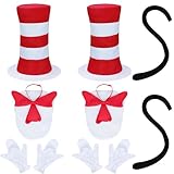 Mototo 2 Sets Cat Hat in Costume Kit Red White Striped Top Hat with Furry Red Bow Tie White Gloves for Adult Scarecrow Cosplay Halloween Theme Party Book Character Day Dress Up