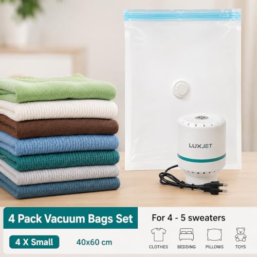 Image of Vacuum Storage Bags with Electric Air Pump, 4 Pack Small Vacuum Seal Bags for Clothing, Space Saver Vacuum Storage Bags for Blanket, Duvets, Pillows, Comforters
