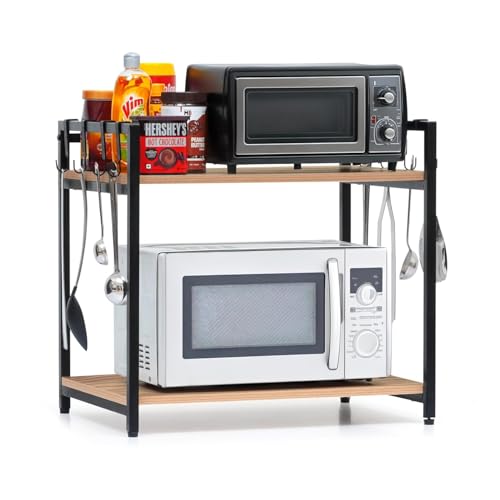 Image of REMANENCE Microwave Stand, Oven Stand for Kitchen Storage Shelf, 2 Tier Microwave Rack with Hanging Plastic Hooks - Tiered Shelf - Heavy Metal Frame with Engineered Wood