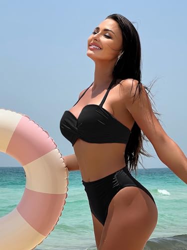 DOBREVA Women's Underwire Bandeau Bikini Top Sexy Strapless Bathing Suit Tops Halter Swimwear - Bra Sizes4