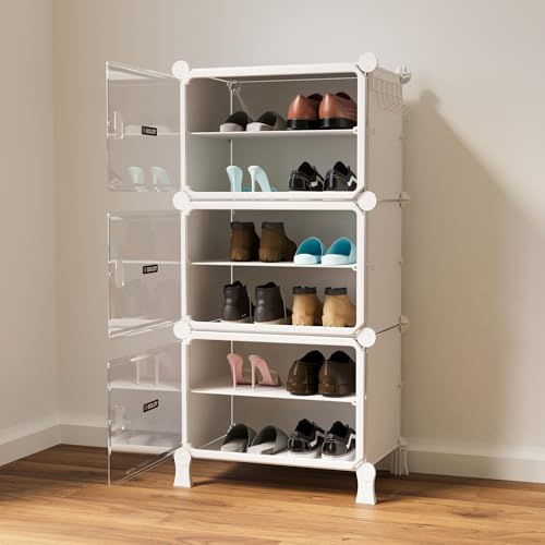 Image of BOXJOY 6 Shelf White Shoe Rack for Home with 3 Transparent Doors, Hard PET Plastic with Metal Door Frame, Shoe Chappal Slipper Sandals Stand