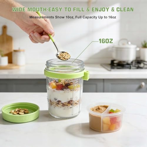 Image of 6 Pack Green Overnight Oats Containers with Lids & Spoon - 16 oz Glass Mason Jars with Separate Divider Leakproof Sugar Packet Holders Chia Yogurt Parfait Cups for Oatmeal Cereal Meal Prep