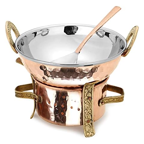 Zap Impex Stainless Steel Copper Original Indian Karahi Angithi Serving Spoon, 3-Pieces Set Cover