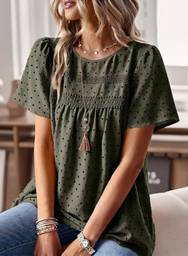 Image of Falechay Womens Summer Tops Crewneck Short Sleeve Shirts Casual Chiffon Blouses Flowy Lace Hem Boho Clothing Trendy 2026