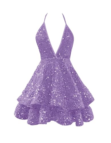 CWOAPO Sequin Homecoming Dresses for Teens 2025 Sparkly Spaghetti Straps V Neck Short Tiered Prom Dress Cocktail Party Gown