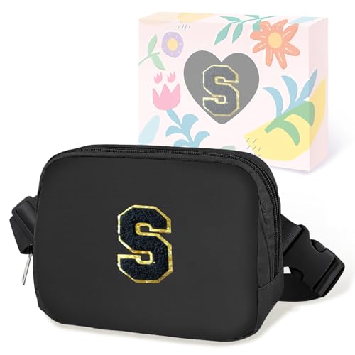 Image of COSHAYSOO Valentines Birthday Initial Gifts for Teen Boys 5 6 7 8 9 10 11 12 13 14 Year Old Black Fanny Pack for Women Belt Bag Crossbody Travel Purse Monogrammed Unique Trendy Stuff Chenille Letter S