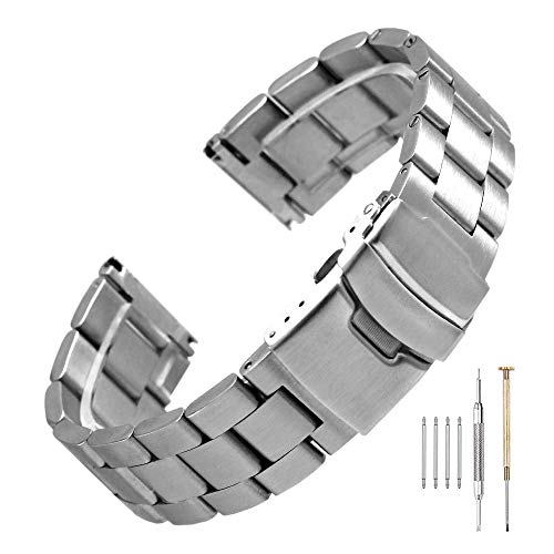 22mm Brushed Solid Stainless Steel Watch Band Replacement Strap (22mm, Silver)