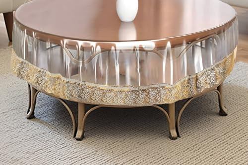 Image of The Furnishing Tree Round Shaped Center Transparent Table Cover WxL 30x30 inches 0.25 mm Thickness with Golden Lace