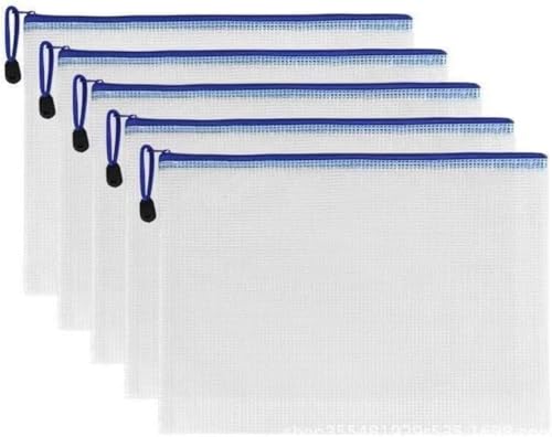 JuneSun10個のジッパー付き書類ポケット、B4/A3/A4/A5サイズ、半透明PVC、防水、領収書、事務用品、書類、整理用、メッシュ (青と白,A 3(43 CM*30.5 CM)10枚)