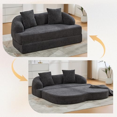 Sofá cama de dos plazas plegable en chenilla gris oscuro con 2 almohadas 5