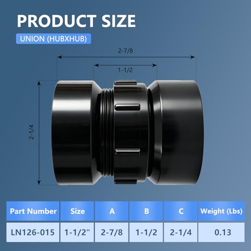 Image of Lesso 1-1 /2 Inch ABS P-Trap Union - HUB x HUB Connection, Black, Detachable Sink Drain Union for Easy Maintenance & Leak-Proof Plumbing