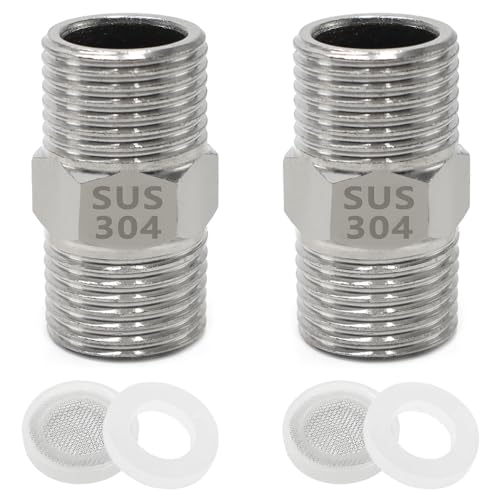 GOIYZTTR 2 Stücke Edelstahl Doppelnippel Verbinder Doppelgewindeanschluss Gewindefitting Adapter mit 2 x Dichtungen und 2*Spüle Belüfter Filter Element