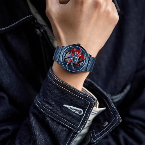 Image of FANMIS Men's Racing Car Wheel Watch 3D Spinning Dial Stainless Steel Watch | Creative 3D Spinning Car Quartz Large Skeleton Face and 30M Water Resistance Designed for Car Fans and Daily Wear.