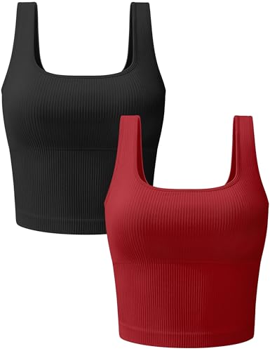 Image of OLCHEE Womens 3 Pack Crop Tank Tops Basic Seamless Ribbed Sleeveless Square Neck Workout Top Summer Exercise Yoga Gym Shirts