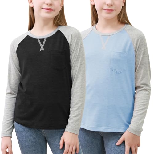 Image of GORLYA 2 Pack Girls Contrast Raglan Sleeve T-Shirt Casual Simple Basic Tee Tops with Pocket for 8-16Y
