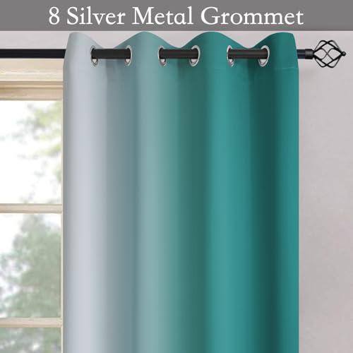 Image of SimpleHome Ombre Teal to Grey White Curtains for Living Room 52Wx54L | Room Darkening Curtains for Bedroom,Gradient Light Blocking Curtain,Thermal Insulated Grommet Window Drapes,2 Panels,54 Inch