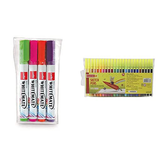 Image of Cello Whitemate Vivid Whiteboard Marker (4 Vivid Ink Colors - Orange, Magenta, Violet, Lime) | Stati & Camlin Sketch Pens With Free Stencil - 24 Shades (Multicolor)