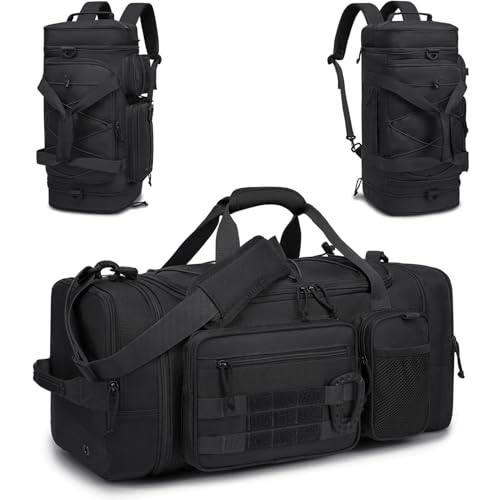 TONRUYN Taktische Reisetasche Sporttasche 40-45L Erweiterbar 3-in-1 Sporttaschen Herren Mittel mit Schuhfach Nassfach und Rucksackfunktion Trainingstasche Damen für Militär Fitness Gym Sauna Schwarz