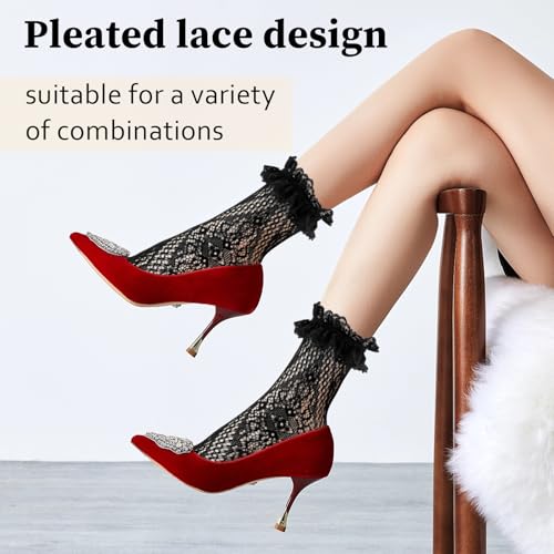 Image of 4 Pairs Women's Lace Trim Ruffle Frilly Ankle Socks - Black Mesh Lace Socks for Women