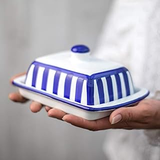 City to Cottage® Navy Blue Striped Handmade Hand Painted Ceramic Covered Butter Dish with Lid