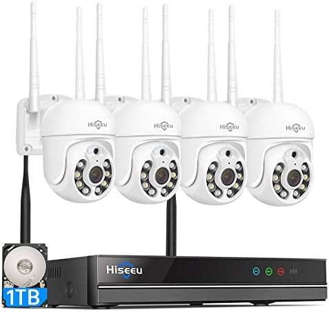 Hiseeu 5MP Kit Camara de Vigilancia WiFi Exterior, PTZ Cámara de Seguridad, 4X Camara IP y 10CH NVR, Audio Bidireccional, Detección y Seguimiento, Vis...