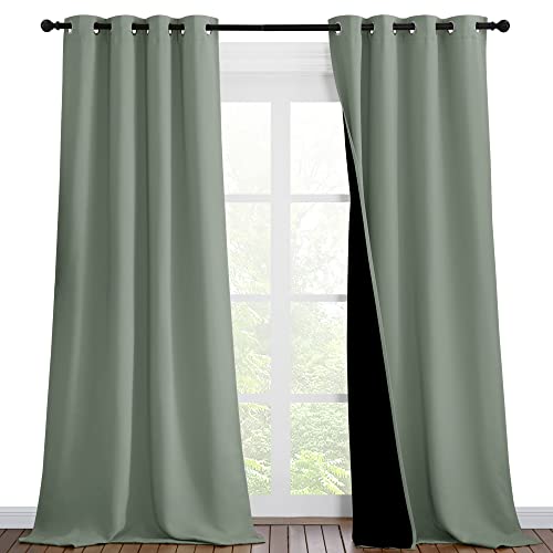 Image of NICETOWN Greyish Green Blackout Curtains 90 inches Long, Full Light Blocking Drapes with Black Liner for Nursery, Thermal Insulated Draperies for Hall, Villa (2 Pieces, 46 inch Wide Each Panel)