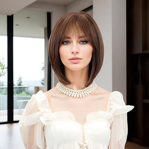 Stardrop Short Straight Layered Bob With Air Bangs In Brown