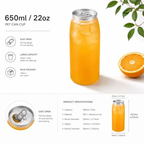Image of 22OZ(650ml) Disposable Juice Bottles 100 Pack - Plastic Sealable Can Cups with Lids for Boba, Smoothie, Drinking, Clear Beverage Container with Easy Open Lids