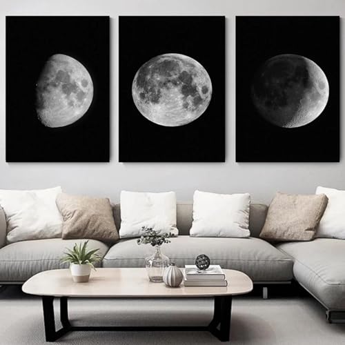 Affiches phases de lune XINBAO toile 40x60 cm triptyque noir et blanc pour salon
