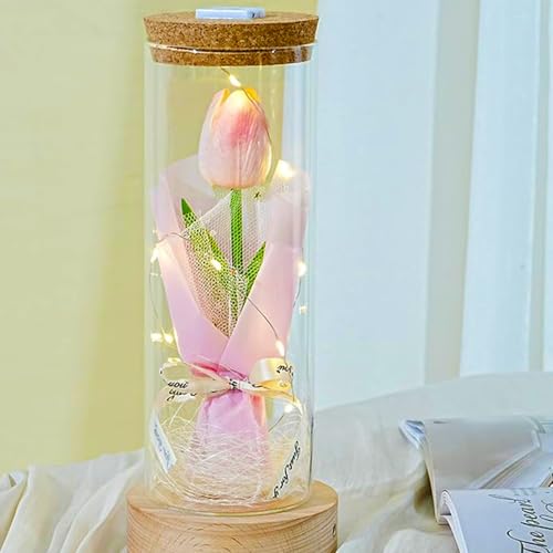 LIIGOU Mini Tulpen Künstlich Blumen wie Echt Kunstblumen Ewige Tulpen im Glas LED Lichterkette Fake Blumen Muttertagsgeschenk Geschenke für Frauen Heimdekoration