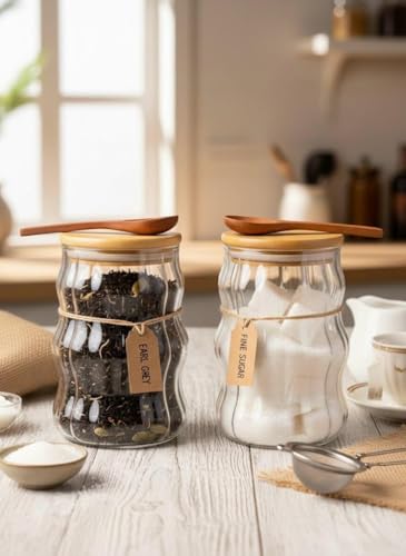 Image of SUANI Air Tight Wave Glass Jar Container with Wooden Lid and Spoon for Home and Kitchen | Odor Free Storage Jar | Jars For Spices, Dry Fruits, Grains and Kitchen Storage, (500Ml) (Pack Of 2)